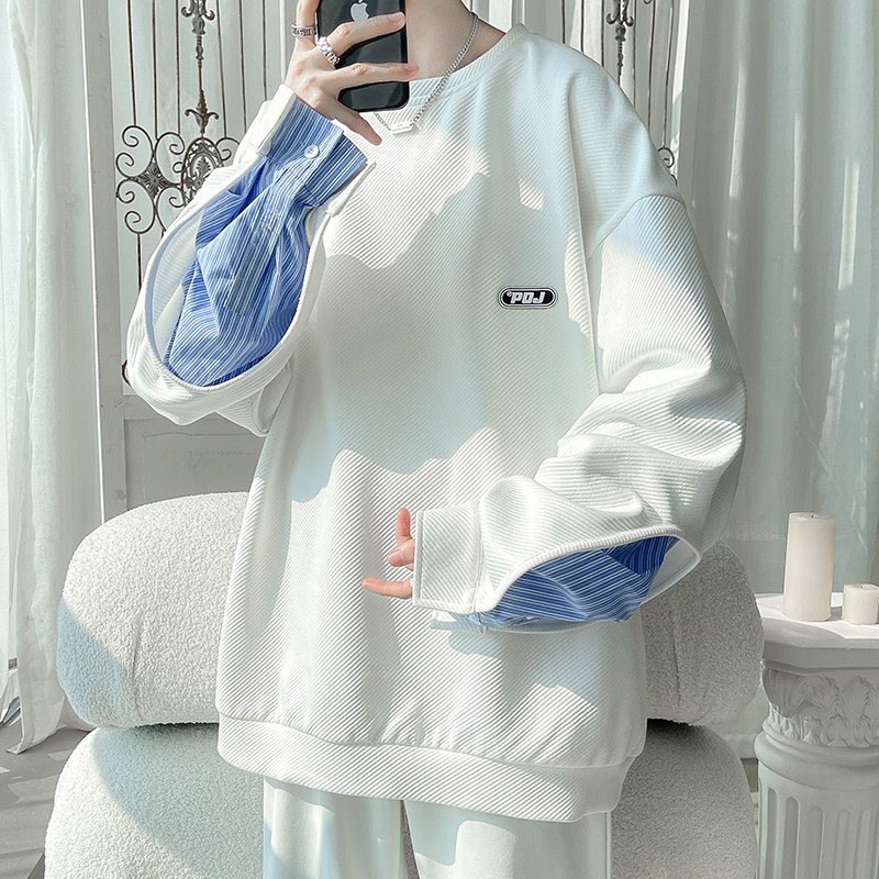Round neck label sweatshirt for men in autumn forest style large size striped shirt sleeves patchwork versatile top
