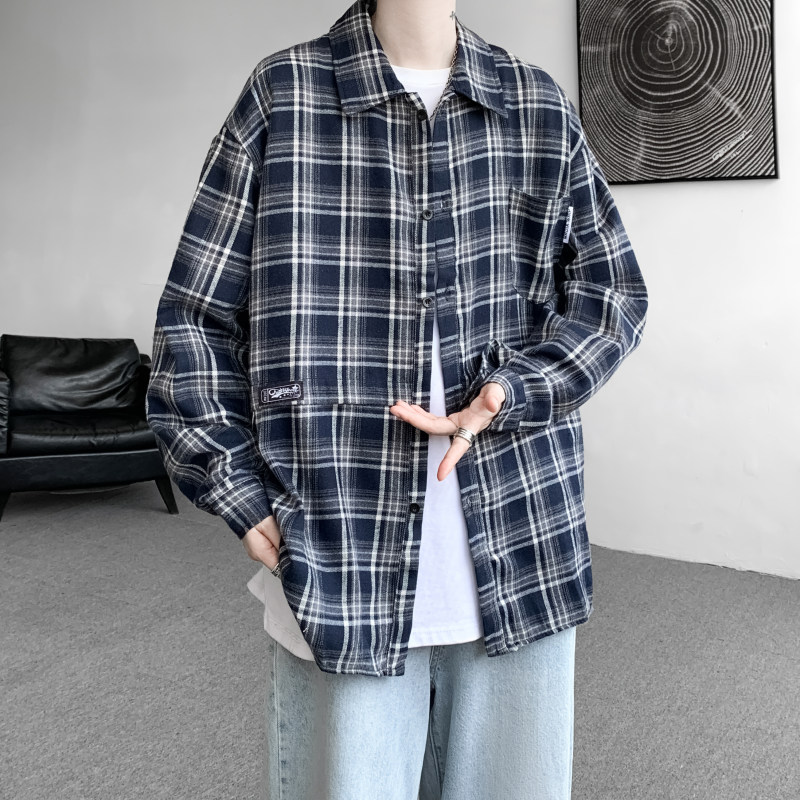 Japanese retro spring and autumn plaid shirts for men and women, casual loose trendy brand long-sleeved shirts and jackets