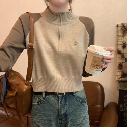 American Retro Short Cardigan Zipper Sweater Women's Sweater 2024 Autumn New Pullover Stand Collar Long Sleeve Top