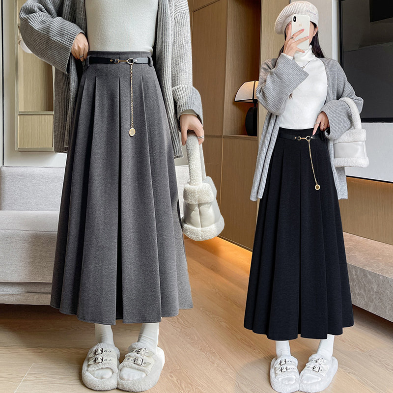 Skirt Women's 2024 New Winter High Waist A-Line Skirt College Pleated Skirt Long Woolen Skirt