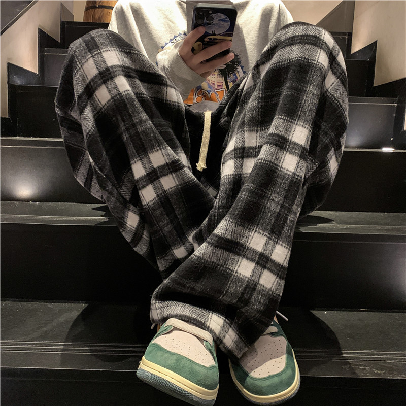 Spring woolen plaid casual pants large size loose straight pants