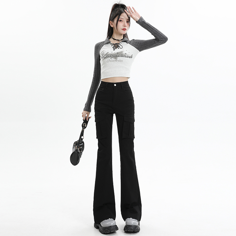 American retro high-waisted stretchy bootcut jeans for women in spring and autumn new slim-fitting and versatile drapey overalls trousers