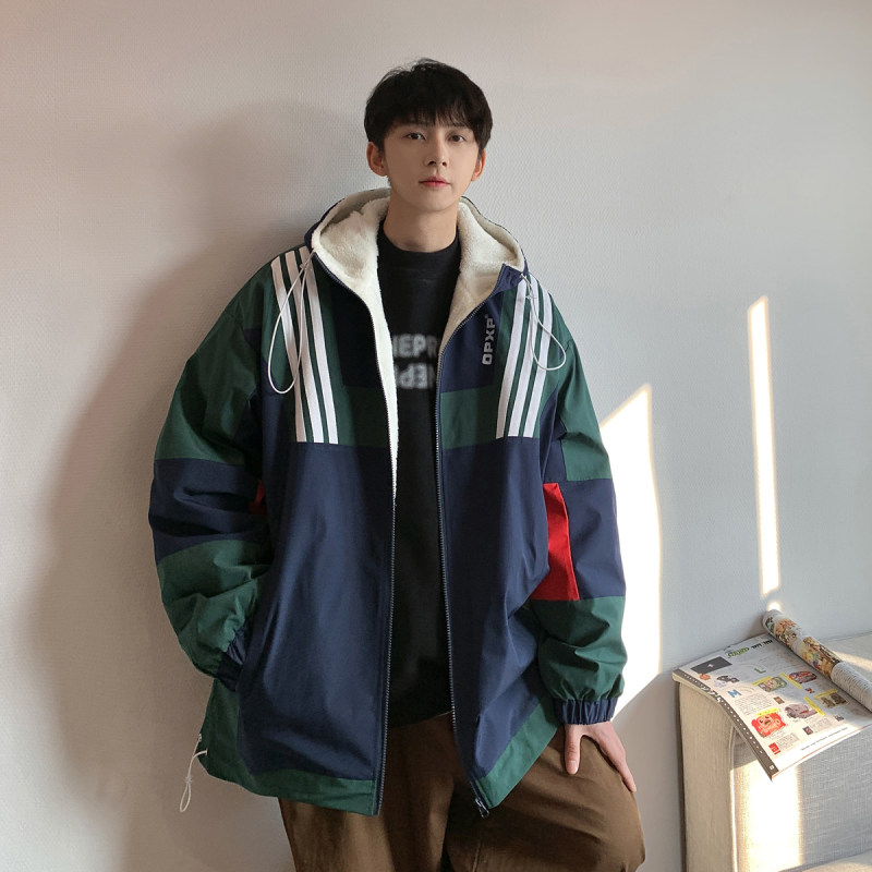 Autumn and winter color-blocked lamb wool jacket