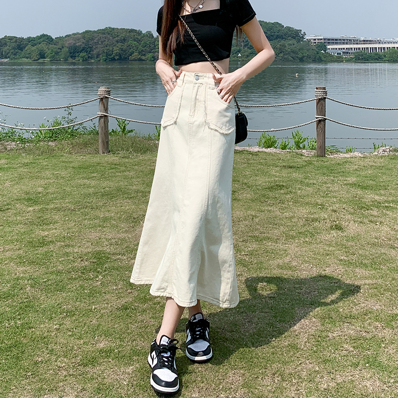 Women's summer new skirt 2024 high-waisted denim fishtail skirt loose slimming niche design versatile mid-length skirt