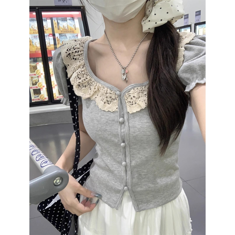 Sweet lace patchwork puff sleeve T-shirt crop top