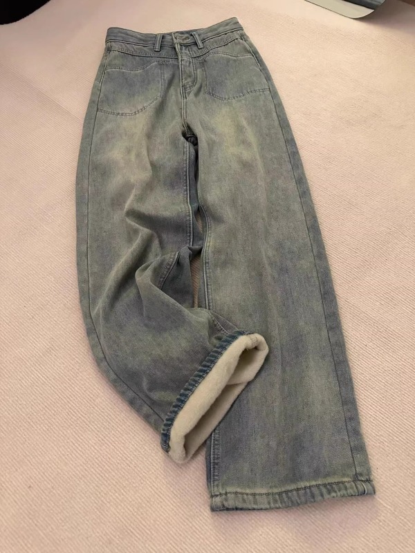 Soft waxy plus velvet thickened retro blue straight jeans for women in autumn and winter, loose and slim high-waisted wide-leg pants