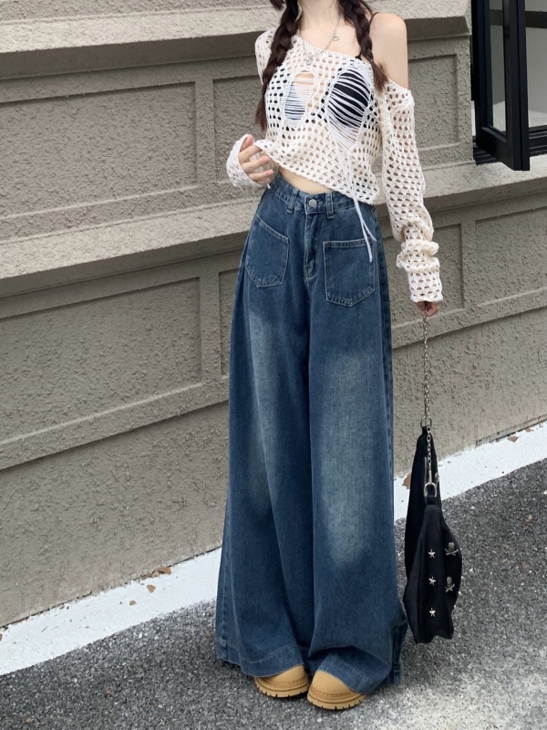 Actual shot ~ High-waisted wide-leg jeans for women 2023 new autumn design loose straight-leg floor mopping pants
