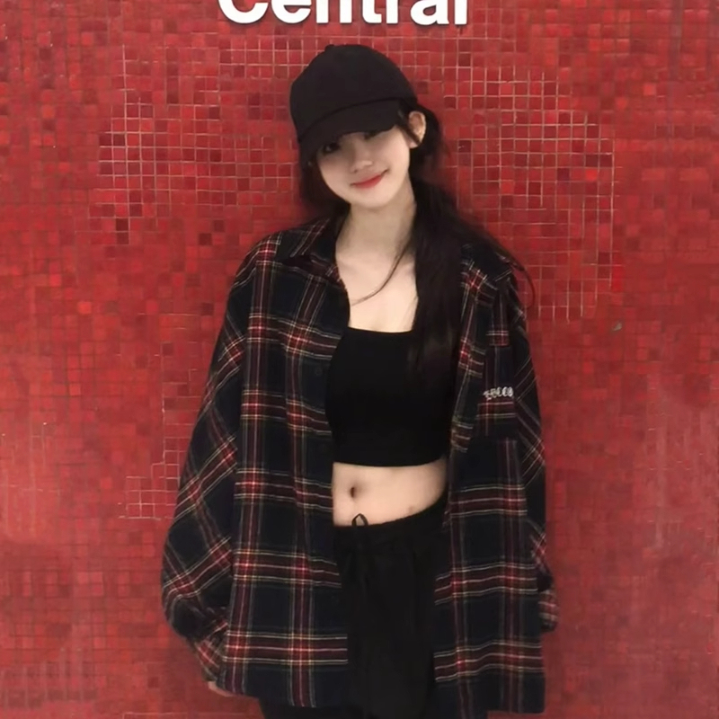 Retro burgundy plaid shirt jacket women's lazy style loose long-sleeved shirt