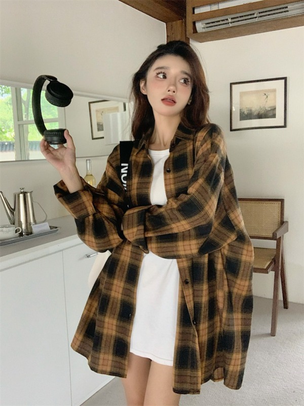 New autumn clothing retro brushed plaid shirt women's loose vintage vintage shirt