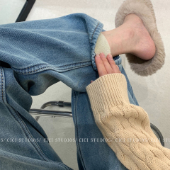 Retro washed high waist plus velvet straight jeans for women in winter, versatile loose slimming Korean style casual pants