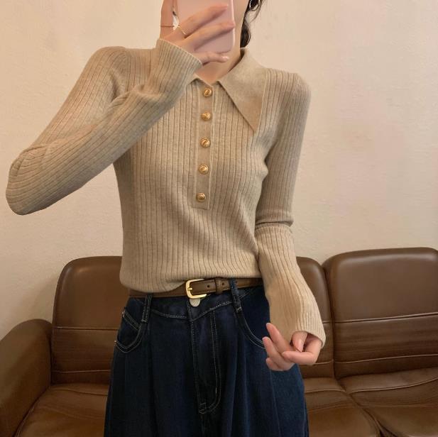 2024 new French POLO collar sweater, chic bottoming shirt for women, autumn and winter high-end sweater inner top