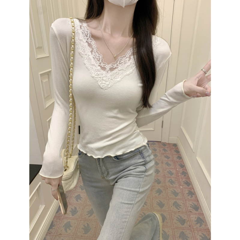 Autumn and winter V-neck long-sleeved T-shirt for women, lace brushed warm base