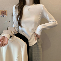Slim round neck herringbone pattern long-sleeved t-shirt for women spring and autumn Korean style simple solid color bottoming shirt with inner top