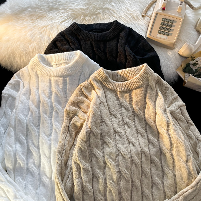 Thickened round neck men's sweater twist retro knitted sweater loose couple wear m