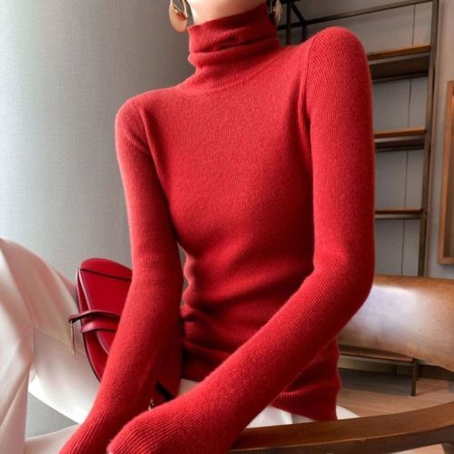 Turtleneck bottoming shirt for women autumn new Korean style long-sleeved slim knitted top solid color foreign style inner sweater