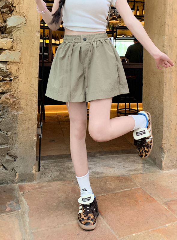 Real shot elastic waist solid color casual pants straight pants women's summer loose slimming mid-pants wide-leg pants shorts pants