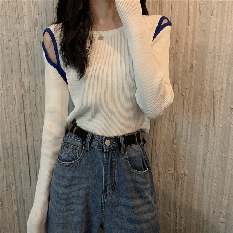 Knitted sweaters for women, spring and autumn inner layers, new niche sweaters, off-shoulder long-sleeved short tops