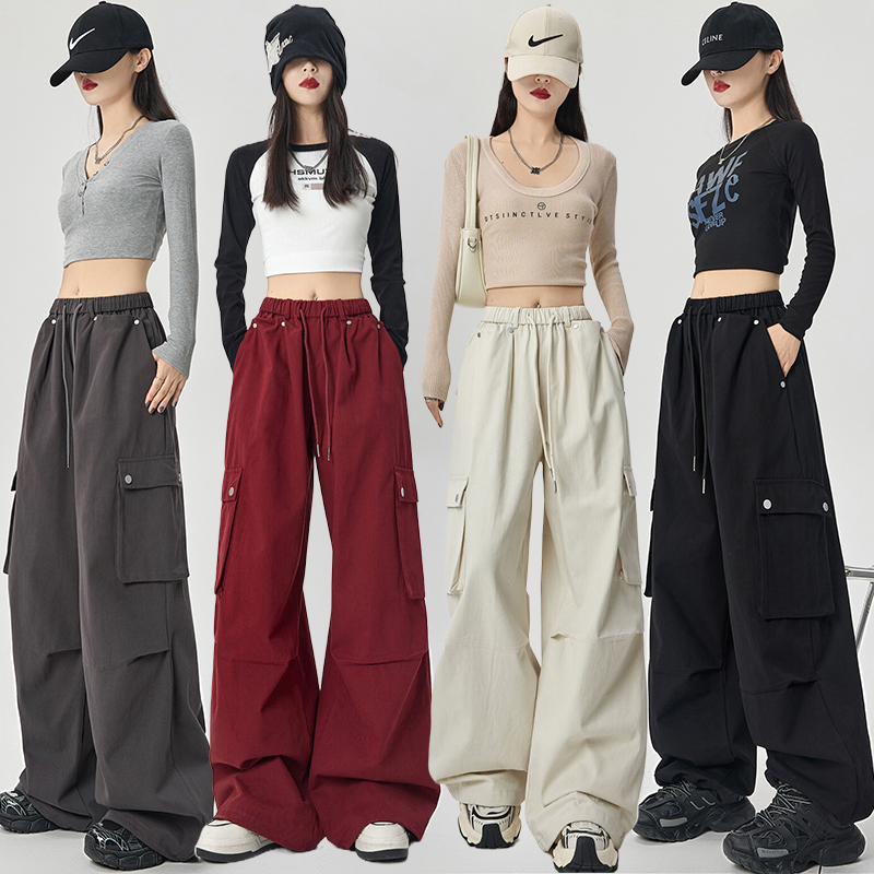 Real shot of American mountaineering overalls for women, new loose casual wide-leg pants, outdoor washed cotton functional wind sports pants
