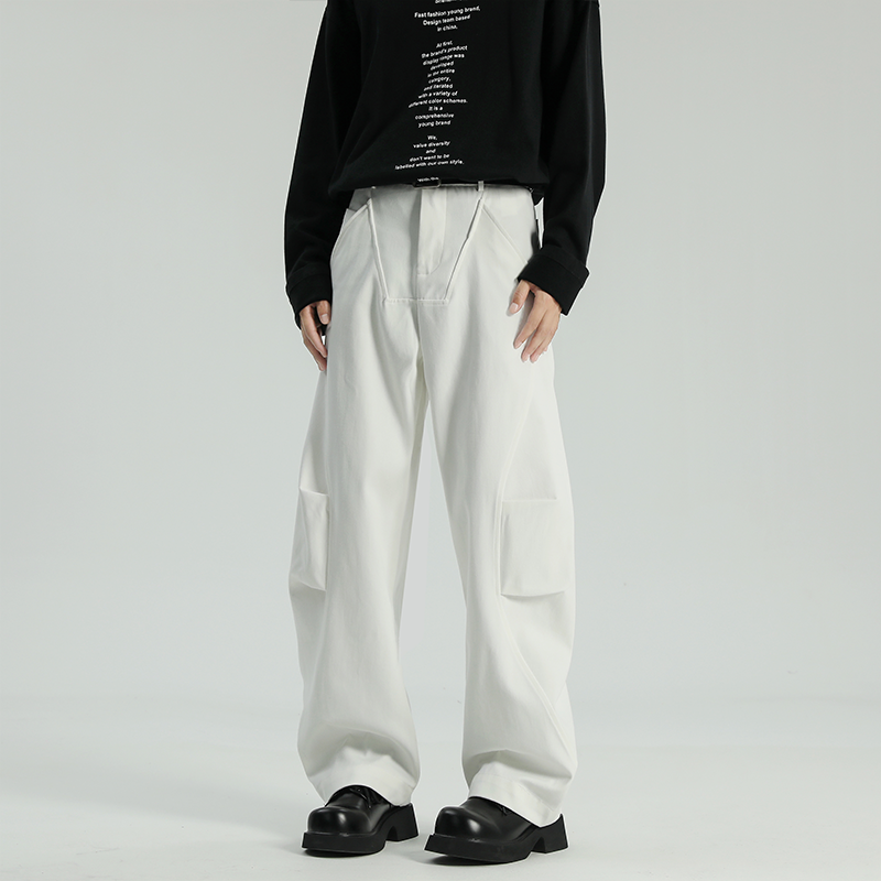 High quality American style multi-pocket overalls washed retro casual loose scimitar pants