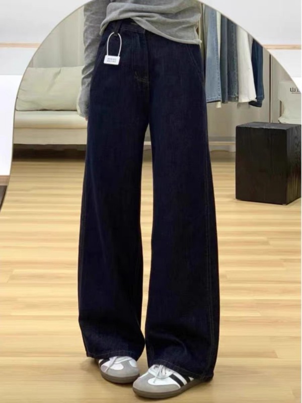 Retro dark blue high-waisted wide-leg jeans for women in autumn and winter, new design, loose and slim, straight-leg pants, long pants