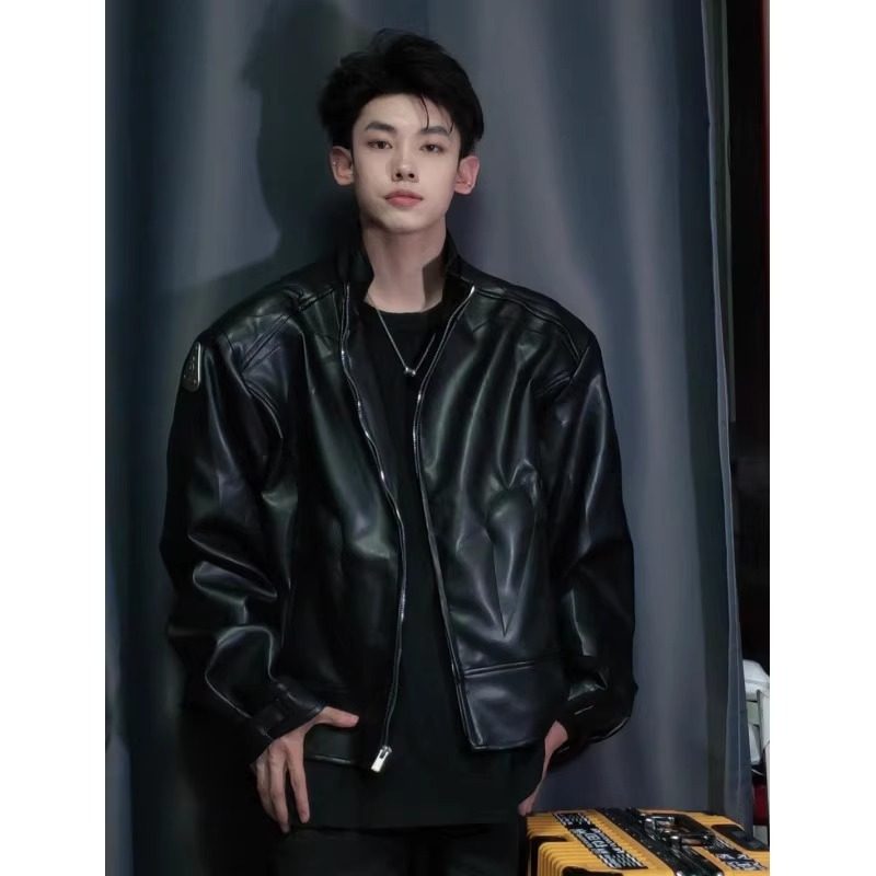 [Available] Motorcycle Leather Jacket Stand Collar Short PU Leather Jacket