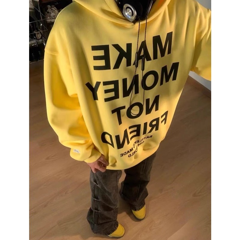 Bright yellow hooded sweatshirt heavy Chinese cotton large letter print top