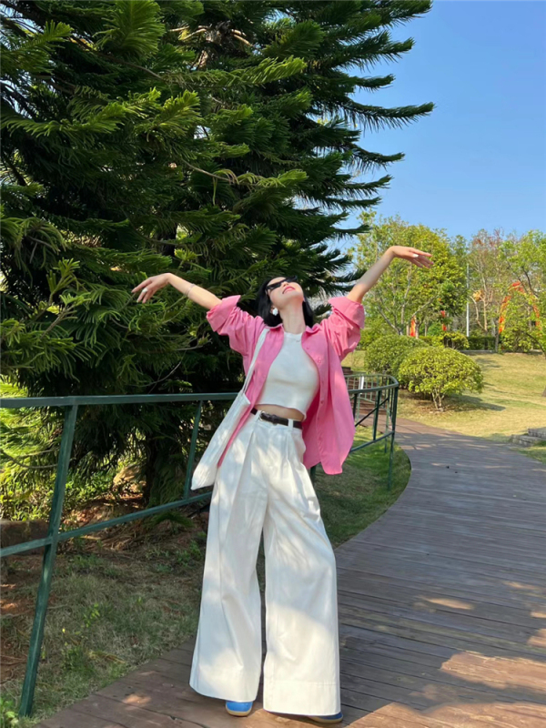 Summer dopamine outfit, loose sun protection shirt, camisole vest, wide-leg casual pants three-piece set with free belt