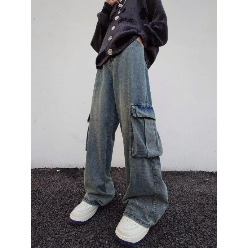 Retro work jeans men's American high street loose wide leg straight pants