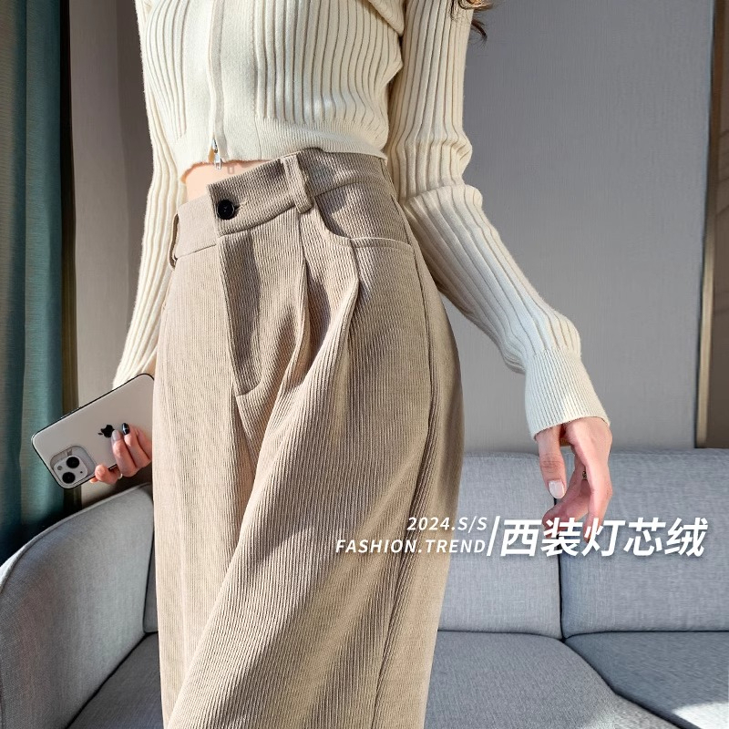 Wide-leg pants for women spring and autumn 2024 new high-end drape corduroy pants casual high-waisted suit pants