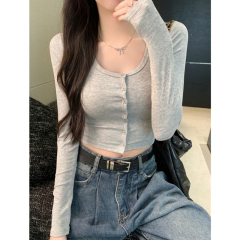 European and American ins style single-breasted slim long-sleeved T-shirt for hot girls