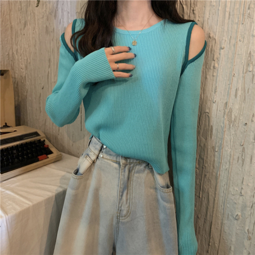 Knitted sweaters for women, spring and autumn inner layers, new niche sweaters, off-shoulder long-sleeved short tops