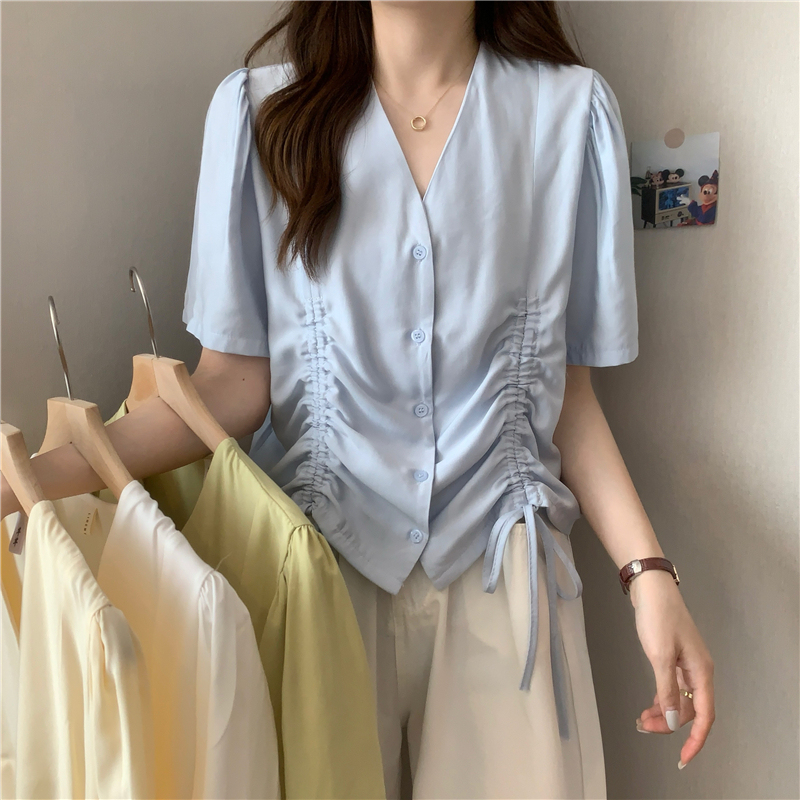 Summer French drawstring V-neck short-sleeved shirt for women