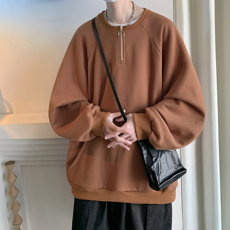 Autumn heavyweight Hong Kong style round neck zipper solid color sweatshirt