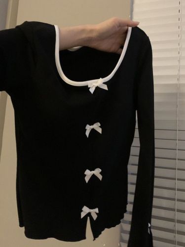 2024 Autumn Contrast Color Bow Long Sleeve T-Shirt Women's Small Fragrance Style Slit Slit Bottoming Top for Women