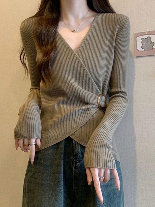 Xiaoxiangfeng v-neck pit bottoming shirt T-shirt for women spring, autumn and winter new style loose slimming large size pure lust style top for women