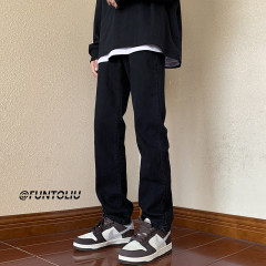 Black jeans for men in autumn Korean style trendy semi-slim straight pants plus velvet and thickened versatile trendy brand warm pants