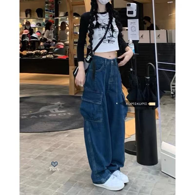 Japanese blue high-waist jeans overalls slimming trousers women's autumn wide-leg pants floor-length pants loose pants trendy