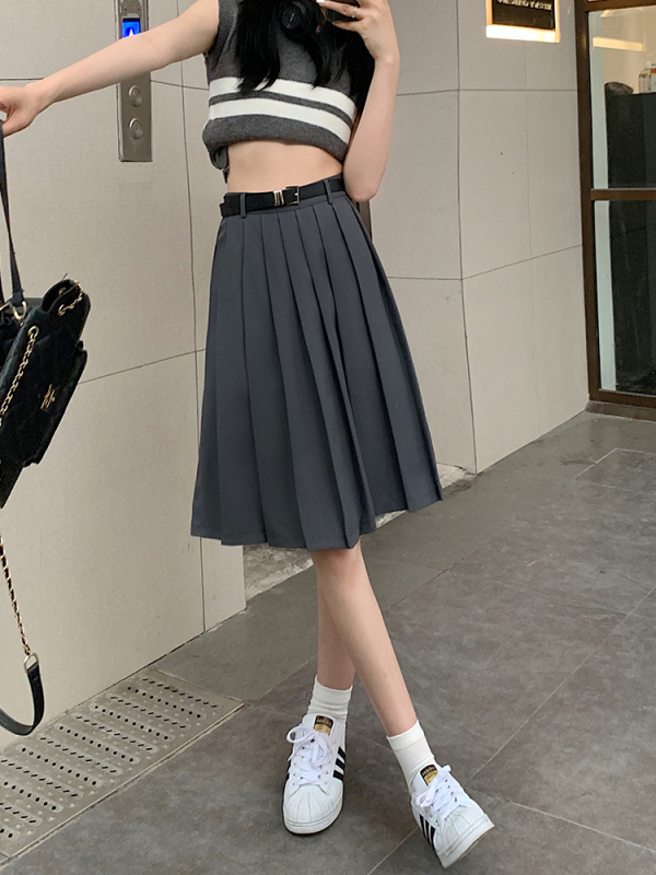 Actual shot ~ real price summer new pleated skirt with belt jk high waist mid-length skirt retro slimming skirt