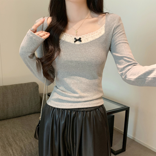 Girls patchwork lace gray jacquard texture sweater for women spring and summer V-neck inner wear long-sleeved T-shirt
