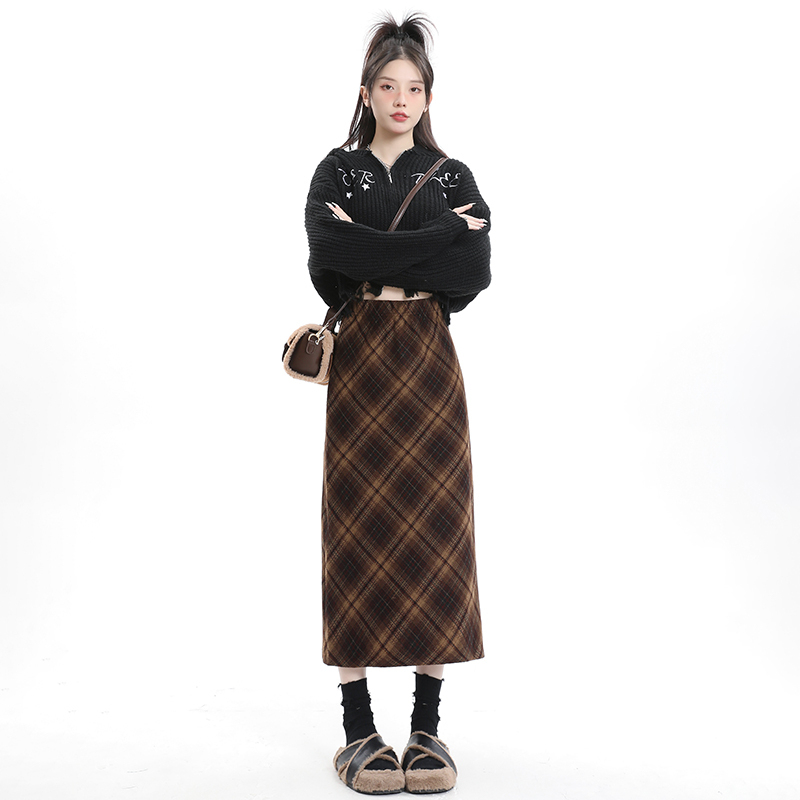 Maillard style plaid mid-length skirt for women autumn and winter new high-waist slimming A-line one-step skirt