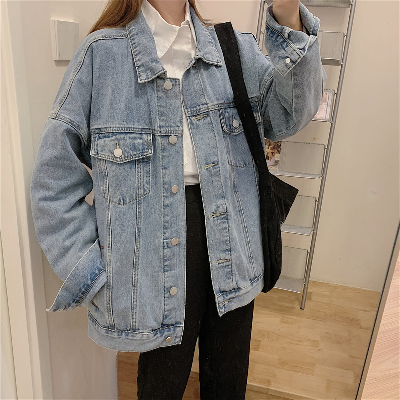 Actual shot of spring and autumn new mid-length BF couple Hong Kong style light-colored denim jacket women's loose oversize top trendy