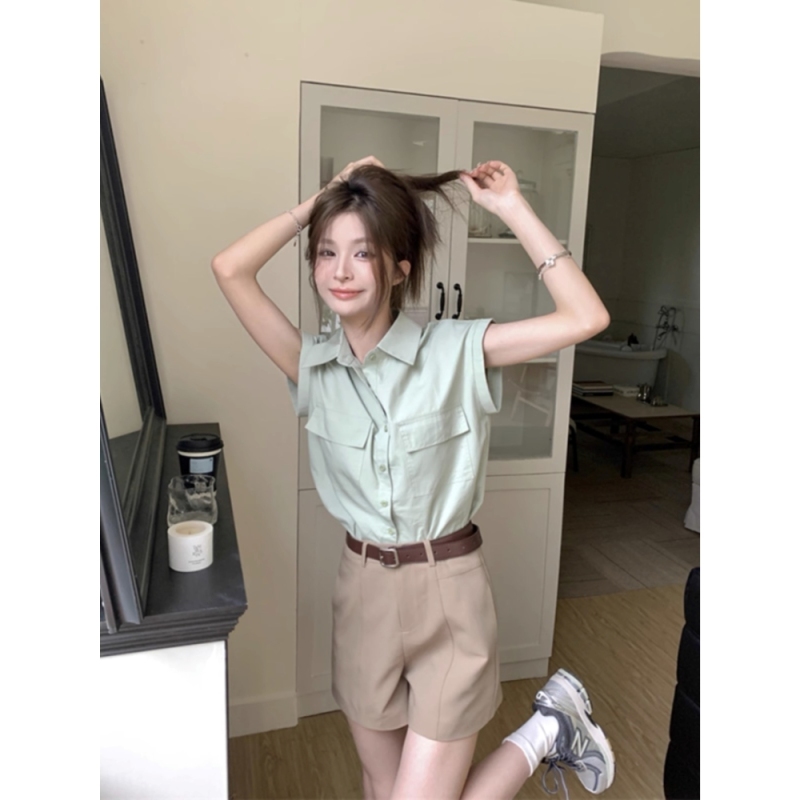 Korean style mint mambo casual shirt for women summer 2024 new design niche short-sleeved green top