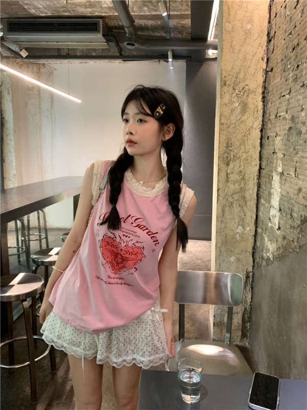 Actual shot and real price Korean lace vest top sweetheart hot girl versatile slimming loose T-shirt