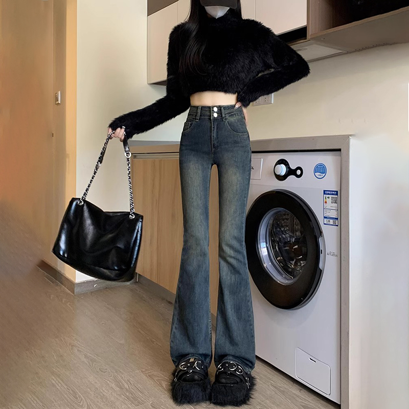 Cement gray retro micro-flared jeans for women in autumn new high-waisted slim stretchy slim floor-length horse hoof pants