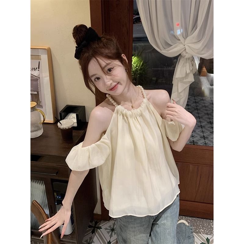 Pure lust style halterneck puff sleeve shirt for women summer new French design off-shoulder versatile loose and beautiful shirt