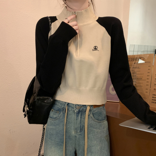 American Retro Short Cardigan Zipper Sweater Women's Sweater 2024 Autumn New Pullover Stand Collar Long Sleeve Top