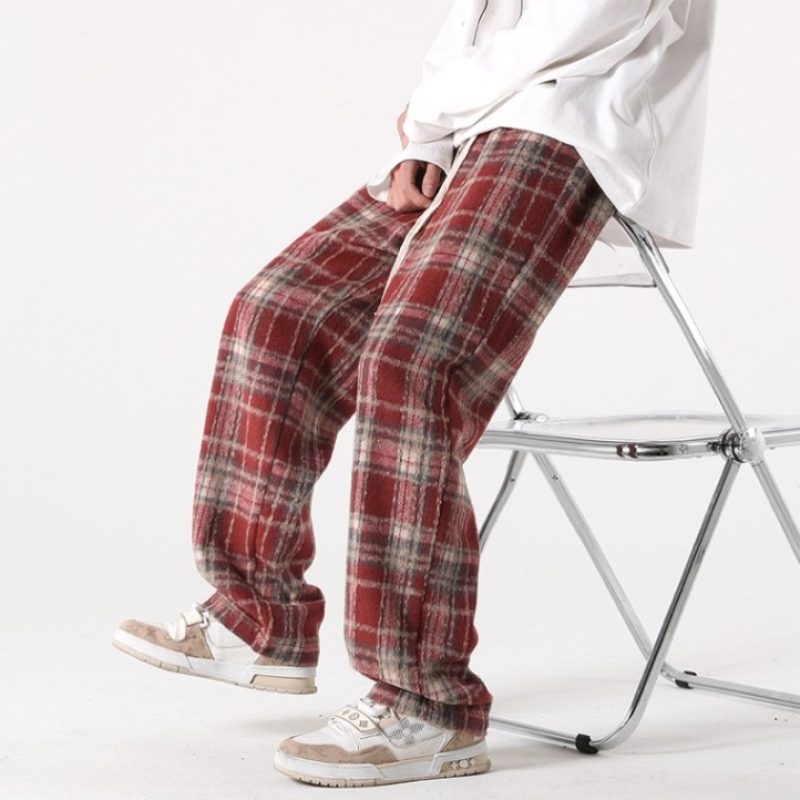 Autumn and winter plaid woolen pants men's straight casual trendy Japanese style versatile and handsome trend