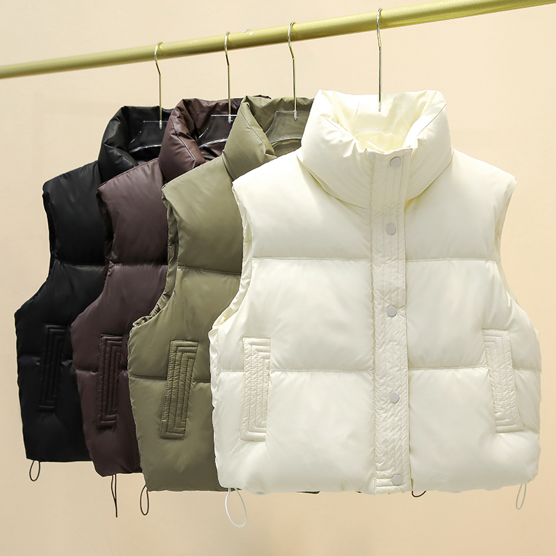 PU leather fashionable down jacket vest 2024 winter new fashion style student small stand-up collar solid color
