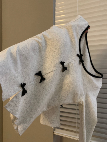 2024 Autumn Contrast Color Bow Long Sleeve T-Shirt Women's Small Fragrance Style Slit Slit Bottoming Top for Women