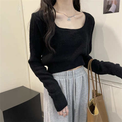 White knitted bottoming shirt for women in spring and autumn with square collar short top 2024 new design long-sleeved T-shirt